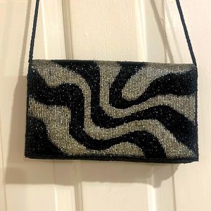 Brand New Without Tags Women's Black & Silver Beaded Clutch Evening Bag